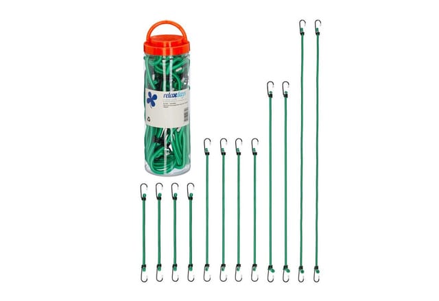 Relaxdays Spanngummi mit Haken, 12er Set, Fahrrad Gummispanner Gepäckträger, 4 Größen, Universal Gepäckspanner, grün