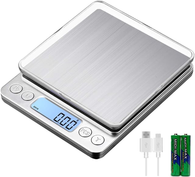 Digitale Küchenwaage, wiederaufladbar über USB, 3 kg/0,1 g, digitale Kochwaage, elektronische Präzisionswaage, Edelstahl, Tischwaage, Tara-Funktion