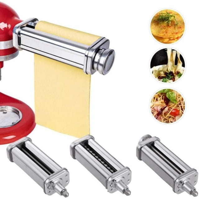 3-in-1-Set Nudelmaschinen-Aufsatz, 3-teilig, Nudelrolle und Schneidwerkzeug für KA-Standmixer, Edelstahl-Nudelmaschinen-Aufsatz