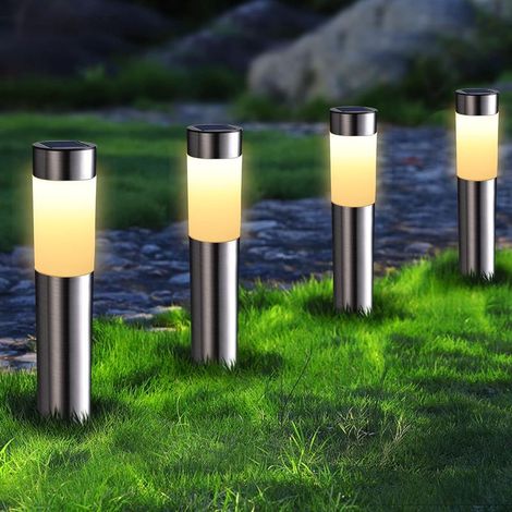 Set Mit 4 Solar-außenleuchten Aus Edelstahl, Wasserdicht, Warmweißes Licht, Zylindrisch, Mit Automatischem Ein-/ausschalter, Ideal Für Terrasse, Rasen Und Patio.