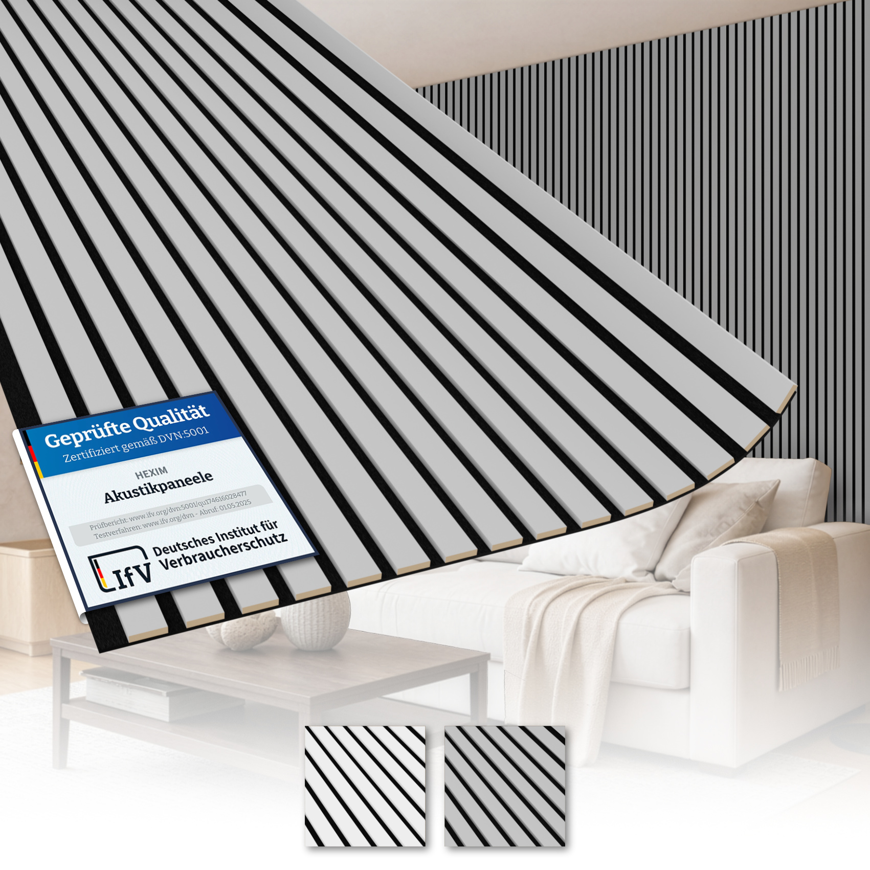 Akustiko Lamella Akustikpaneele 280x60cm - Weiß & Grau, Flexible Filz Mdf Wandpaneele Fugenlos - Überlappende Holz Lamellenwand: Smooth Grey, 2 Paneele - 3.36m²