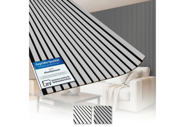 Akustiko Lamella Akustikpaneele 280x60cm - Weiß & Grau, Flexible Filz Mdf Wandpaneele Fugenlos - Überlappende Holz Lamellenwand: Smooth Grey, 2 Paneele - 3.36m²