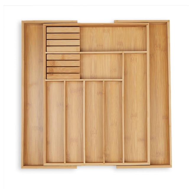 Besteckkasten, ausziehbar, 7-9 Fächer, HxBxT: 5,5x45x44,5 cm, Schubladeneinsatz, 2 Messerblöcke, Bambus, natur - Relaxdays