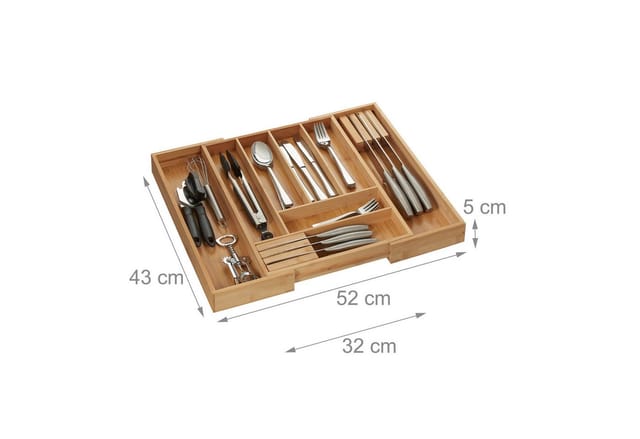 Besteckkasten Bambus, ausziehbar, 6-8 Fächer, 2 Messerblöcke, hbt: 5x32x43 cm, Schubladeneinsatz Küche, natur - Relaxdays