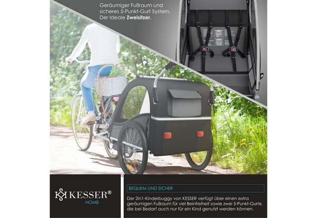 Kinderanhänger Fahrradanhänger Sport-rx 2 In 1 Joggerfunktion Kinderfahrradanhänger + 5-punkt Sicherheitsgurt 360°-vorderrad Jogger Buggy Schwarz - Kesser