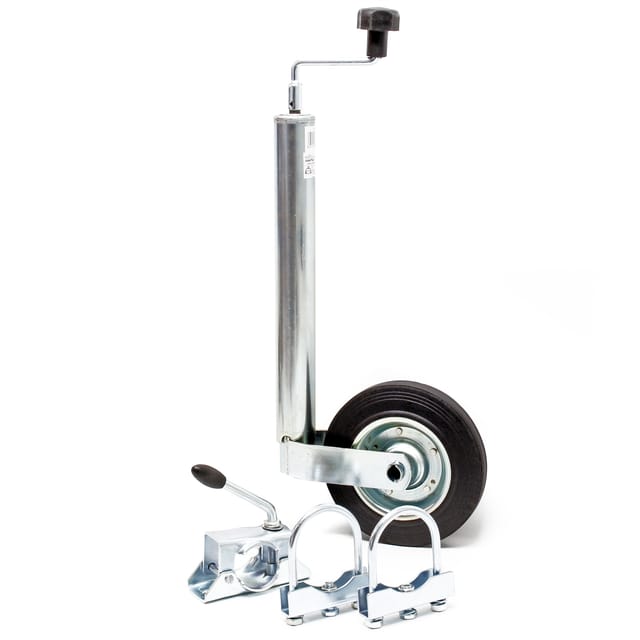 Wiltec Stützrad für Anhänger bis 362 kg ø48 mm, Bugrad inkl. Klemmhalter & Schellen, Abstellstütze mit pannensicheren Reifen