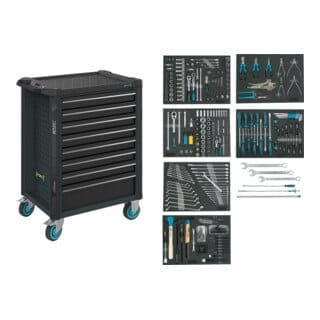 Werkstattwagen Assistent, Schubladen, flach: 7 x 81 x 522 x 398 mm, Schubladen, hoch: 1 x 166 x 522 x 398 mm, Anzahl Werkzeuge: 264, Art.Nr. 179