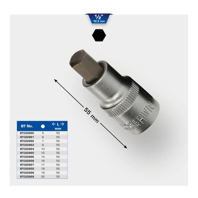 Brilliant Tools - 1/2' Innensechskant Bit-Stecknuss, 55 mm lang, 8 mm