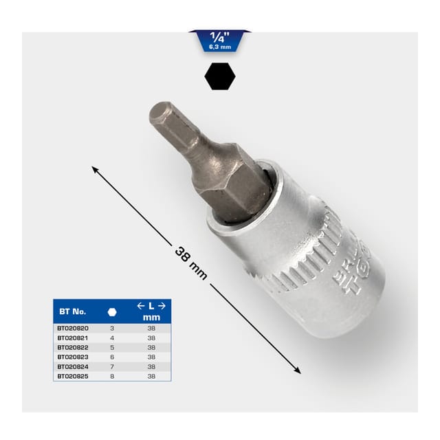 Brilliant Tools BT020820 1/4'' 6-Kant Schraubenreher-Einsatz, 38mm, 3mm