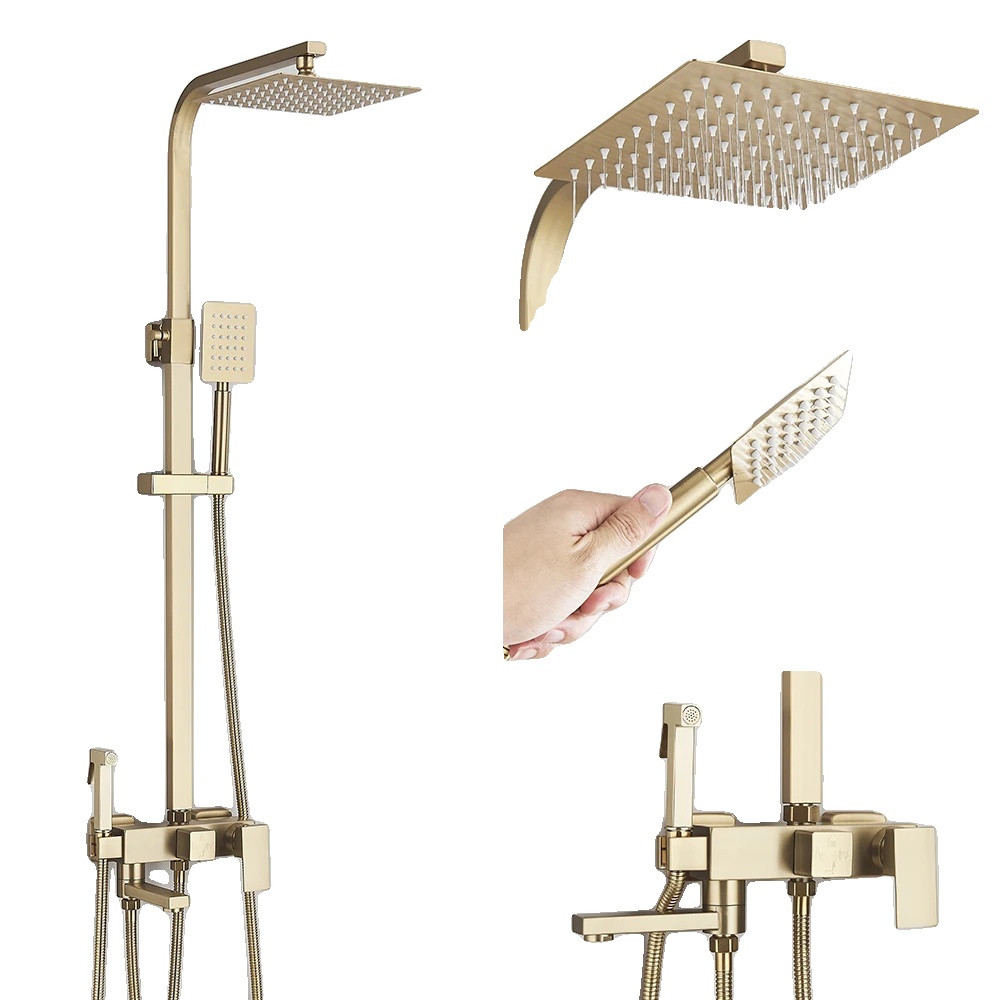 Wandmontiertes Duschset, Regenduschsystem, 8 Zoll, Gebürstetes Gold