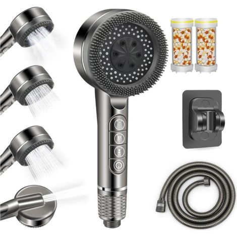 Duschkopf Mit 1,5 M Schlauch, Anti-kalk-duschkopf, Badezimmer-duschkopf Mit Filter, Hochdruck-duschkopf Mit 3 Strahlarten (grau)