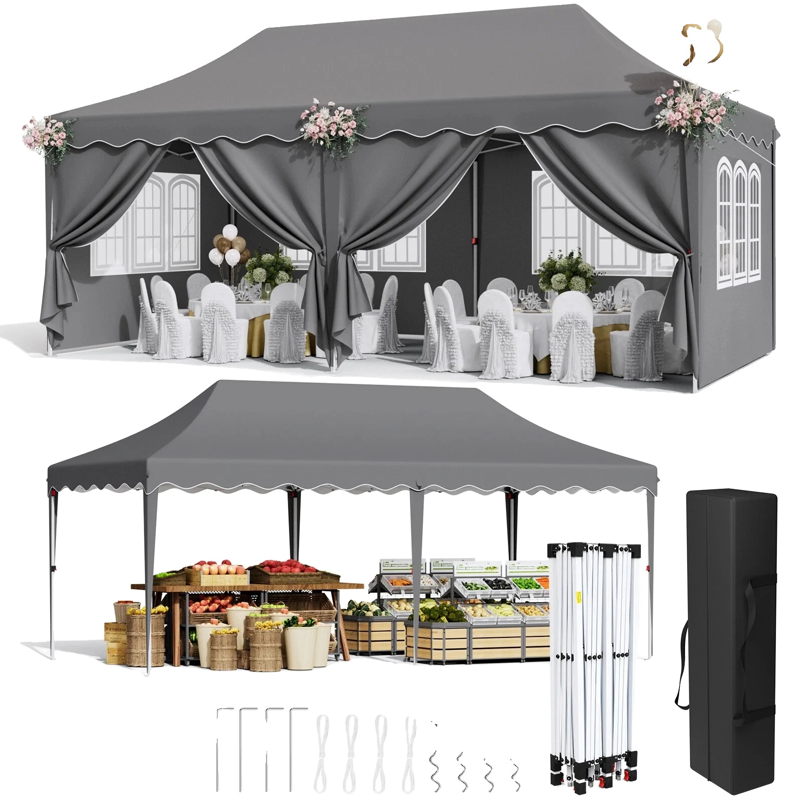 Faltbares Gartenzelt, 3 X 6 M, 6 Seitenwände, Freistehend