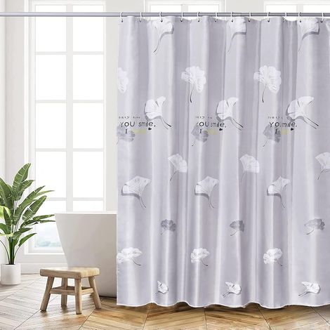 Duschvorhang, 180 X 200 Cm, Maschinenwaschbarer Polyester-duschvorhang Mit Beschwertem Saum Und 12 Haken, Badezimmer-badewannenvorhang, Graues Ginkgoblattmuster