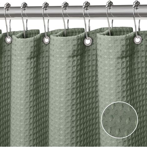 (grün) 180 X 180 Cm, Waffel-duschvorhang, Badewannenvorhang, Maschinenwaschbares Polyestergewebe, Badezimmervorhang Mit 12 Haken, Wasserdichter Badezimmervorhang