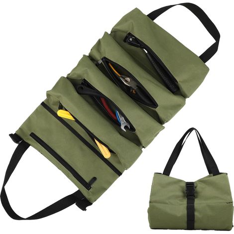 (grün) Aufrollbare Werkzeugtasche Aus Canvas Mit 5 Reißverschlusstaschen Für Elektriker, Klempner, Schreiner, Haushalt, Autos Und Motorräder