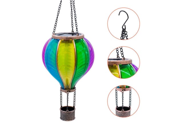 Solar LED Heißluftballon Lampe bunt zum Hängen - 45 cm - Garten Lichtspiel mit Flammen Effekt warm weiß