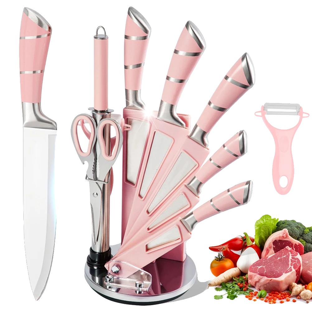Professionelles Küchenmesserset, 9-teiliges Komplettset, Rosa