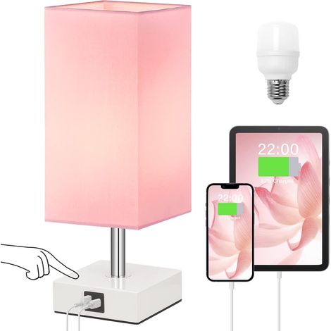 Nachttischlampe, Touch-tischlampe Mit Usb-a+c-ladeanschluss, Dreistufigem Dimmer, Geeignet Für Schlaf- Und Wohnzimmer, Rosa Stofflampenschirm (led-leuchtmittel Inklusive).