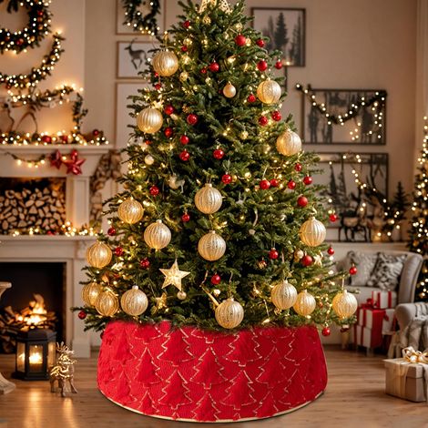 Roter Weihnachtsbaumrock, Runder Weihnachtsbaumständer, Weihnachtsbaumschmuck