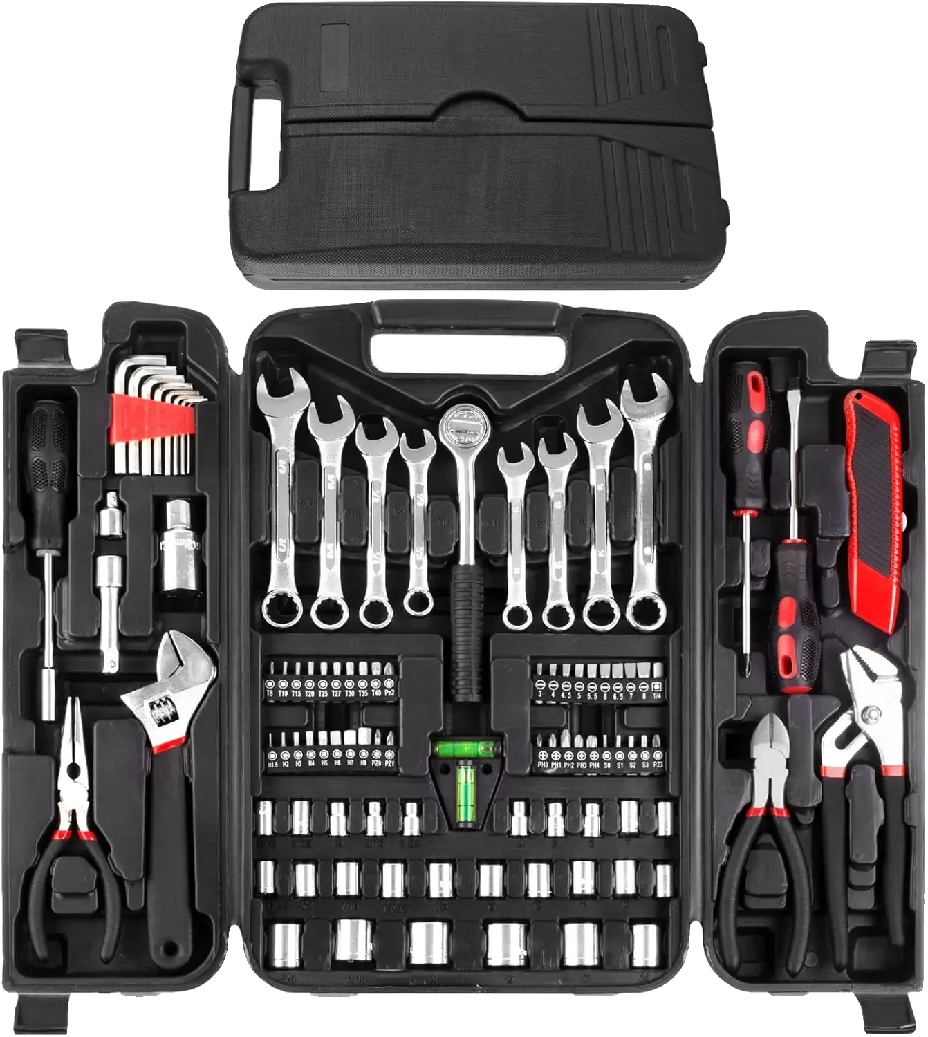Handwerkzeugset, 95-teiliges Set, Tragbarer Werkzeugkasten, Rot