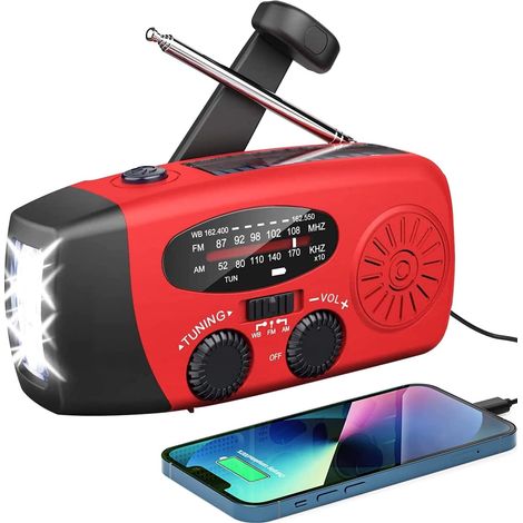 Rotes Solarradio Für Notfälle, Selbstbetriebenes Kurbelradio Mit Led-taschenlampe, Am/fm-wetterstation Und 2000-mah-akku Zum Aufladen Von Smartphones Im Notfall.