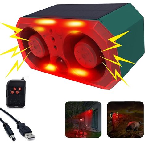 Solarbetriebene Bewegungsmelder-sirene Für Den Außenbereich, 2 X 130 Db Lautsprecher, 13 Integrierte Soundmodi (bellende Hunde Und Schüsse), Mit Fernbedienung Für Garten Und Bauernhof.