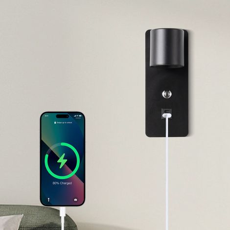7,5-w-led-wandleuchte, Verstellbar, Schwarz, Mit Einstellbarer Farbtemperatur (3000 K, 4000 K Und 6000 K), Schalter Sowie Usb-typ-c- Und Typ-a-ladeanschlüssen