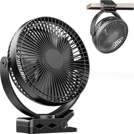 Schwarzer, 8-zoll-mini-usb-clipventilator Mit 10000-mah-akku, Tragbarer Kleiner Tischventilator, 4 Geschwindigkeitsstufen, 360°-doppelrotation, Mit Usb-kabel, Geeignet Für Zuhause Und Büro