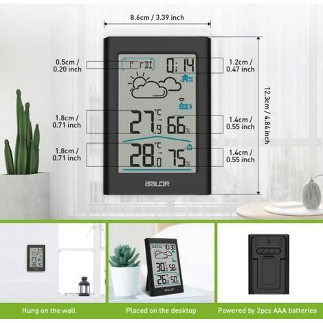 Baldr B0341 Drahtlose Wetterstation Mit Uhr, Hd-display, 20-sekunden-hintergrundbeleuchtung Und Außensensor, Schwarz
