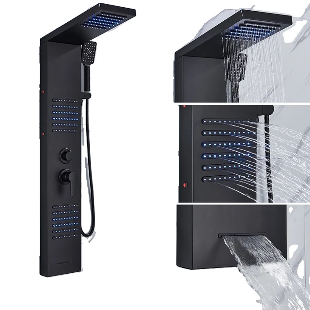 Led-regenduschsäule, Mattschwarzes Duschpaneel Mit Massagedüsen, Wasserfallauslauf Für Ein Spa-erlebnis