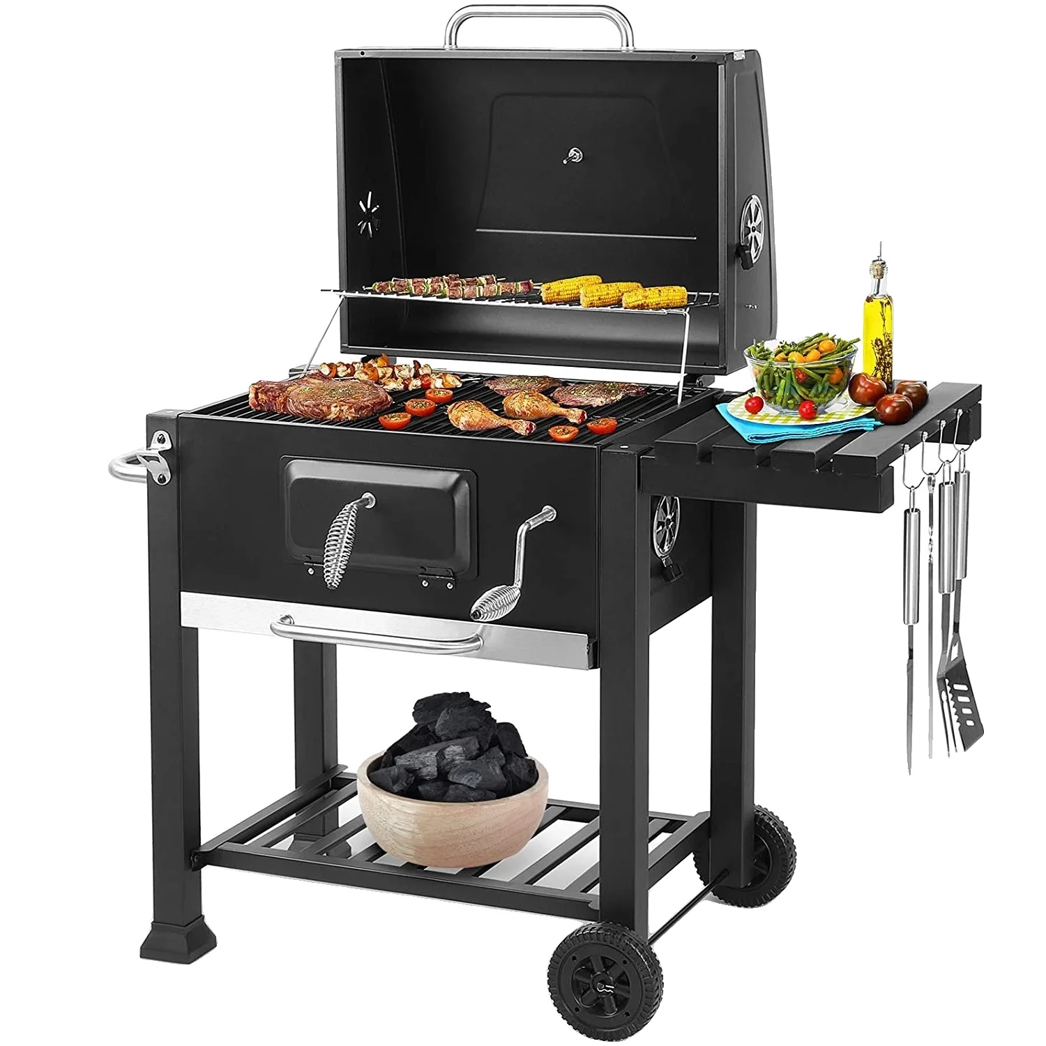 Holzkohlegrill, 375 Quadratzoll Hauptgrillfläche, 203 Quadratzoll Warmhalterost, Verstellbare Lüftungsschlitze, Flammendurchschlagsicherung, Pulverbeschichtete Oberfläche