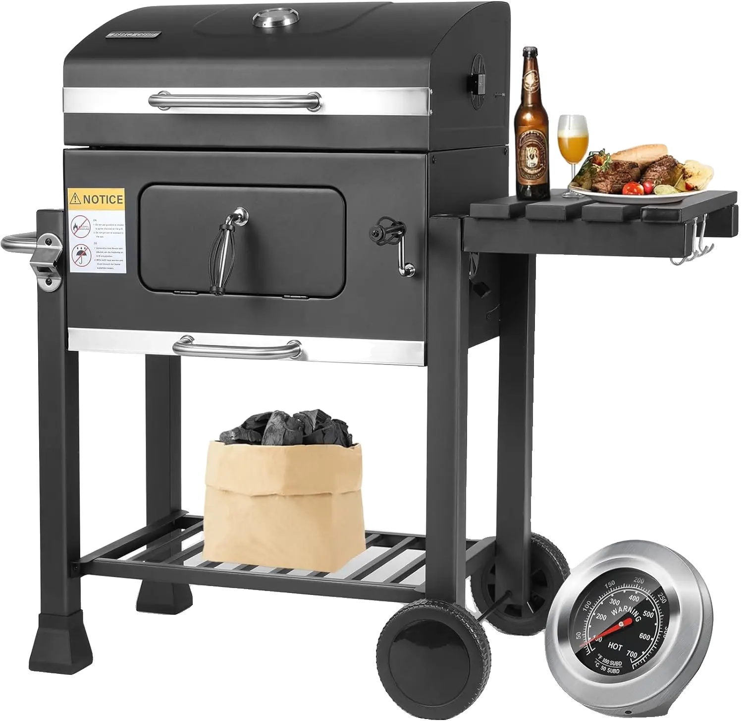 Holzkohlegrill, Stahlkonstruktion, Abmessungen 116 X 55,7 X 100 Cm, 578 Quadratzoll Grillfläche, 3 Grillroste, Verstellbare Kohleschale