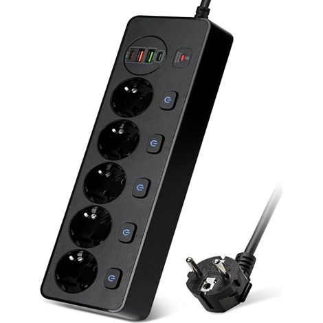 Schwarze 5-fach Steckdosenleiste Mit Einzeln Schaltbaren Steckdosen, 2 Usb-a- Und 2 Usb-c-anschlüssen, 5 Steckdosen Mit Schaltern, Zur Wandmontage Mit 2 M Verlängerungskabel