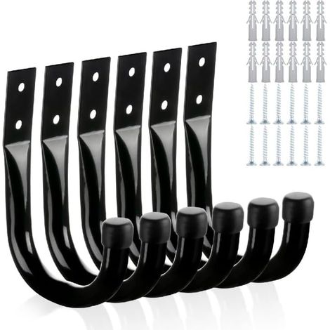 Universelles Set Mit 6 Robusten Schwarzen J-haken Aus Metall, Wandhaken Zur Garagenaufbewahrung Inklusive Dübel Und Schrauben