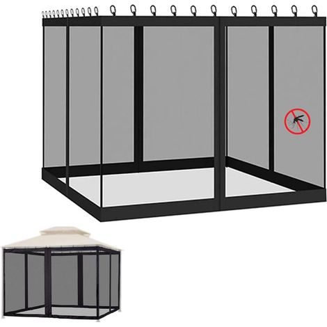 (schwarz, 300 X 300 Cm) Moskitonetz Mit Reißverschluss Für Pavillon, Markise, Pergola Und Gartenzelt, Ersatznetz Mit 4 Seitenteilen, Vollständiger Insektenschutz