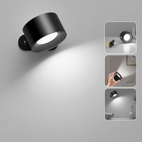 Schwarze, 360° Drehbare Led-wandleuchte Für Den Innenbereich, Kabellos, Wiederaufladbar, Mit Touch-bedienung, Drehbar, Mit 3 Farbtemperaturen Und Einstellbarer Helligkeit