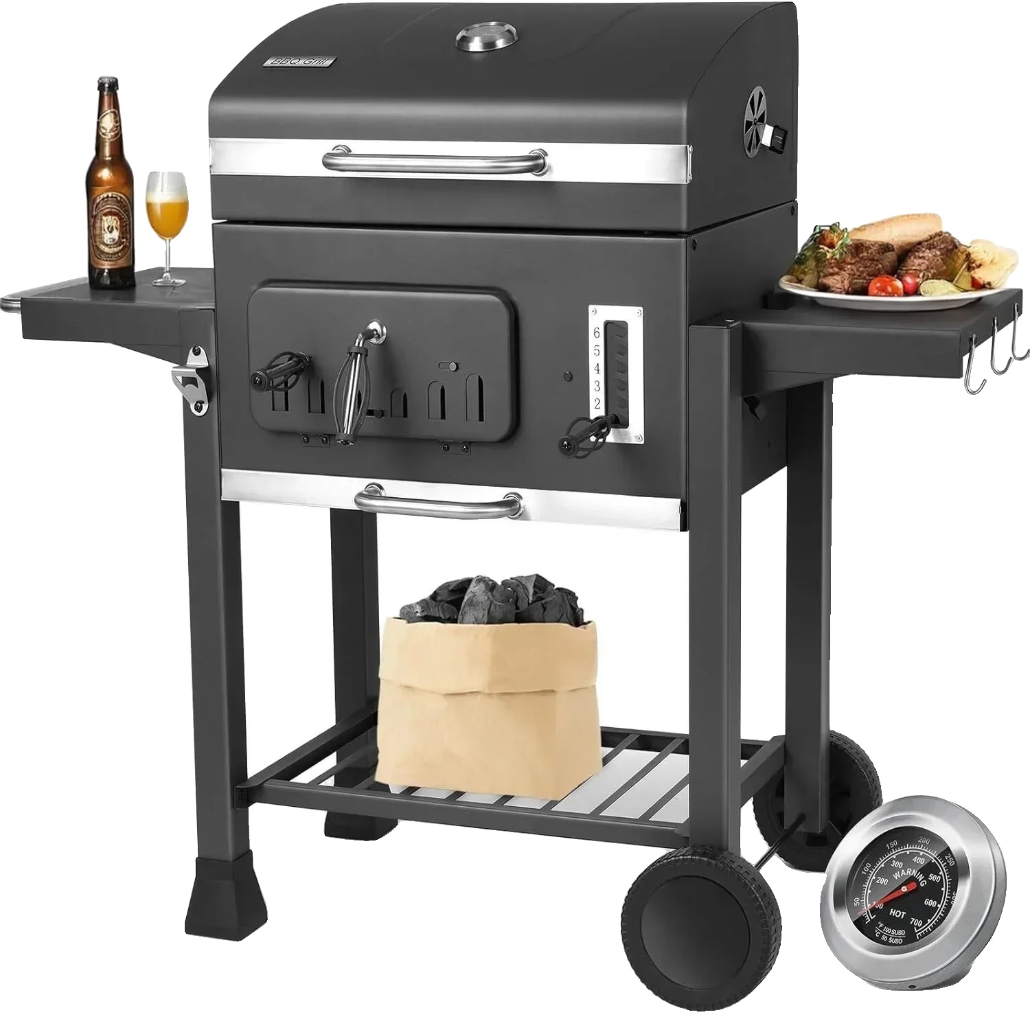 Holzkohlegrill, 130 Cm Hoch, 137 Cm Breit, 49 Cm Tief, Doppelte Grillfläche, Eingebautes Thermometer