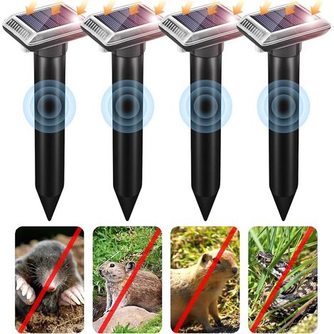 Set Mit 4 Solarbetriebenen Ultraschall-mäuseabwehrgeräten, Die Auch Gegen Maulwürfe, Schlangen, Wühlmäuse, Waffeln Und Andere Schädlinge Wirksam Sind.