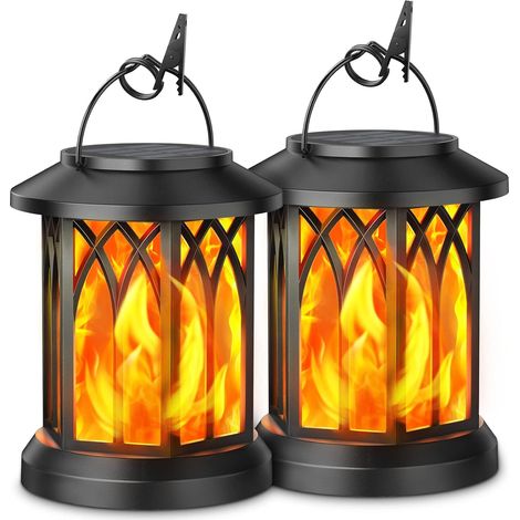 Solar-gartenlaterne, 2er-set Dekorative Hängeleuchten Mit Flammeneffekt, Ip65 Wasserdichte Led-hängeleuchten Mit Clips Für Garten Und Balkon