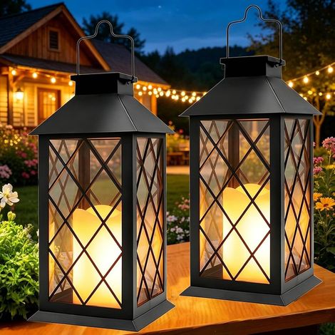 2-teiliges Solar-laternen-set Für Den Außenbereich, 34 Cm Große Solar-gartenlampe Mit Kerze, Schwarz, Wasserdichte Tischlampe, Hängelampe, Solar-tischlampe Für Balkon Und Garten