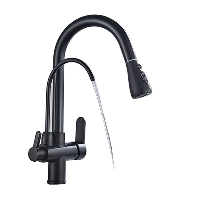 Wasserhahn Mit Ausziehbarem Auslauf Und Doppelgriff, Farbe: Schwarz.