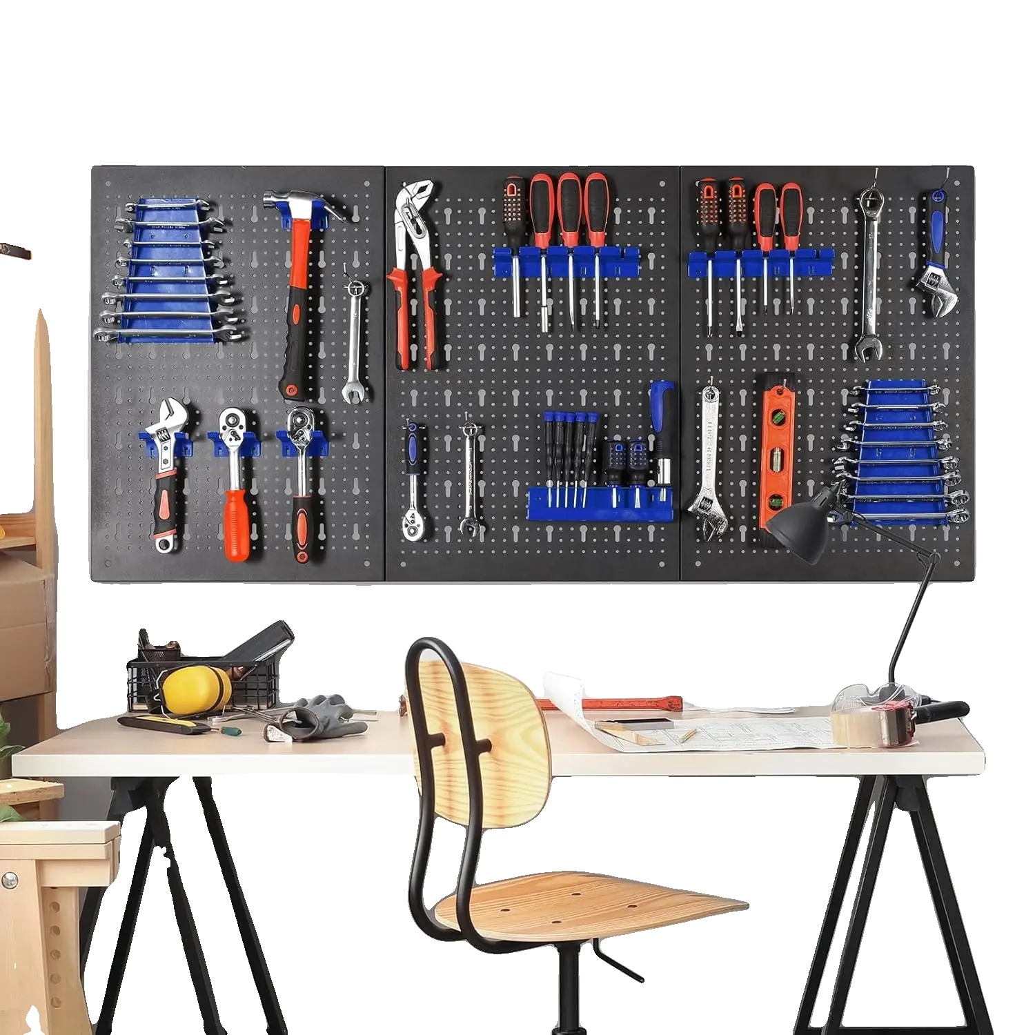 Wandmontierter Werkzeughalter, 120 X 60 Cm, Inklusive 17 Haken, Verstellbare Ablagefläche, Platzsparendes Design, Einfache Montage