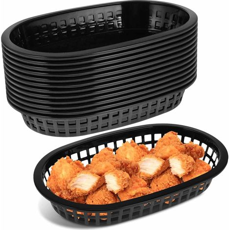Set Mit 12 Schwarzen Fast-food-körben, Wiederverwendbare Ovale Brotkörbe Aus Kunststoff, 23 Cm Tablett Für Burger, Pommes, Hotdogs, Sandwiches, Obst, Süßigkeiten, Grillzubehör