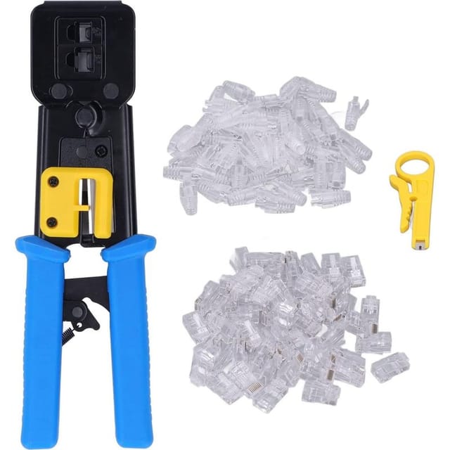 Rj45/rj11 Crimp-set Für Durchführungsverbinder Mit 50 Cat5/5e Durchführungsverbindern, 50 Transparenten Kabelbindern Und Ersatzklingen