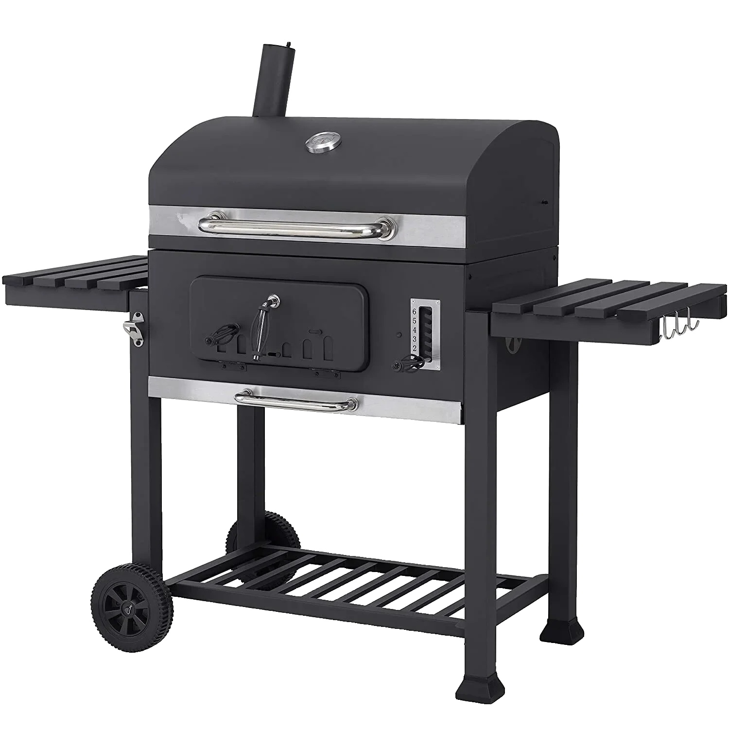 Holzkohlegrill, Seitlicher Smoker, Regulierbare Belüftung, Flaschenöffner