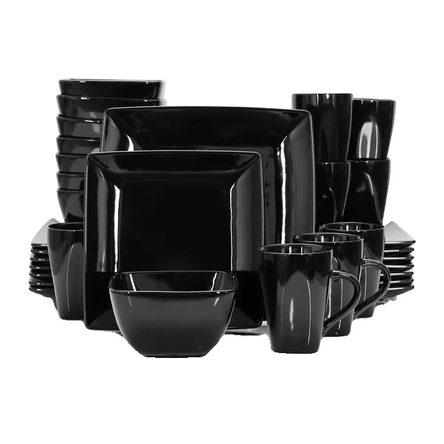 Essgeschirr-set, Schwarze Keramik, Quadratische Teller