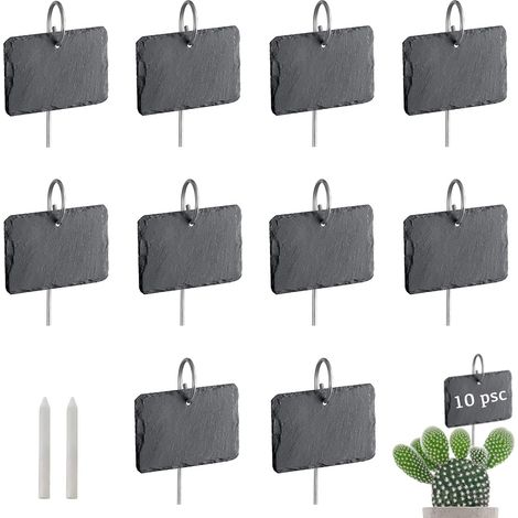 Set Mit 10 Wiederverwendbaren 8 Cm Großen Schiefer-gartenetiketten Mit Edelstahlstiel Und 2 Kreiden Für Terrasse, Garten Und Gewächshaus.
