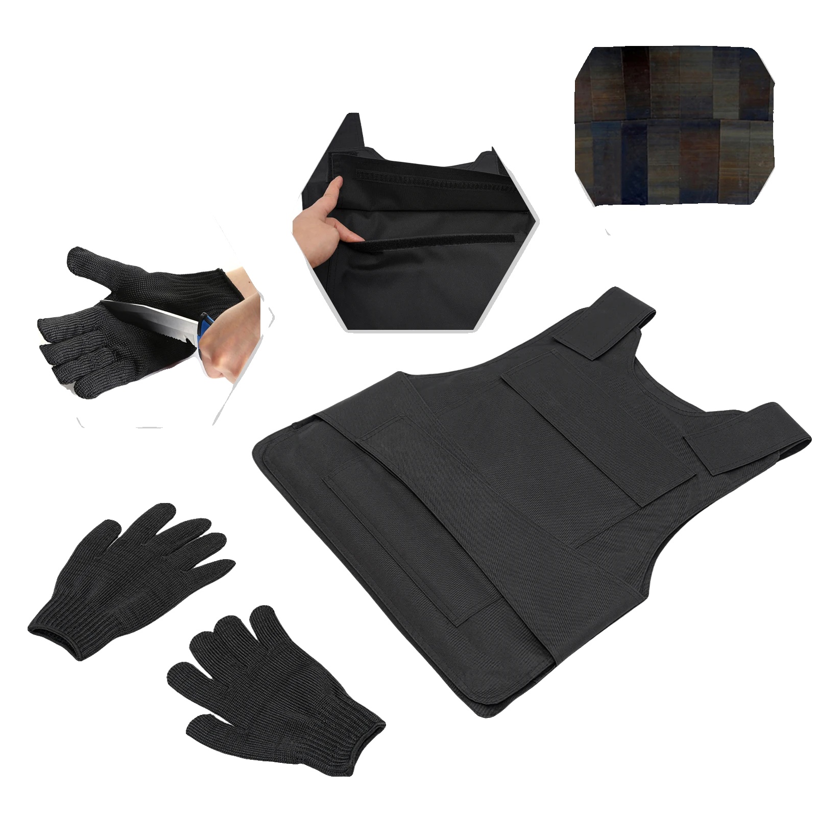Schnittfeste Weste, Platten Aus Hochmanganhaltigem Stahl, Inklusive Handschuhe, Schwarz