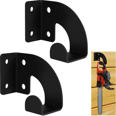 Set Mit 2 Robusten, Wandmontierten Kettensägenhalterungen. Wandmontage Für Garten, Garage Und Werkstatt. Schwarzes Metall.