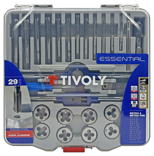Schachtel mit 29 Teilen – 12 Gewindebohrer + 12 Schneideisen M3 bis M12 + 2 Linksdreher + 1 Schneideisenhalter 25,4 + Zubehör - Tivoly